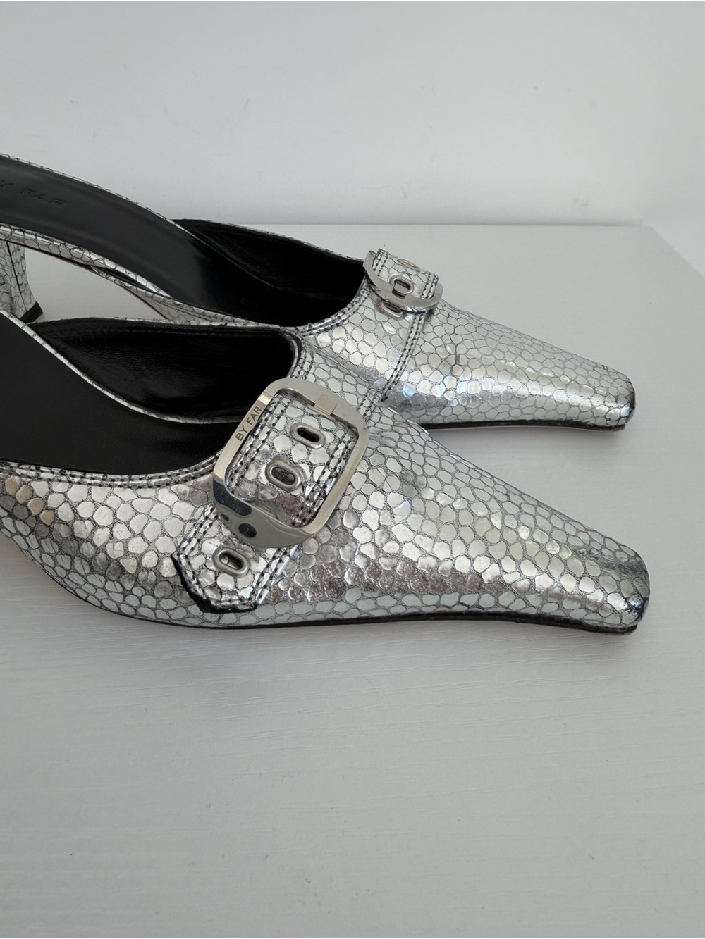 BY FAR 39 Evelyn Metallic Silver Pointed-Toe Mule Heels with Buckle - Picture 11 of 13
